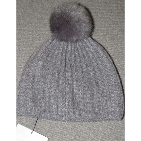 Restoration Hardware Gray Fur Trimmed Cashmere Cozy Pom Pom Beanie Hat NEW - Picture 3 of 9